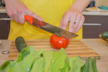 Young woman cooking healthy meal in the kitchen. Cooking healthy food at home. Woman in kitchen preparing vegetables. Chef cuts the vegetables into a meal
