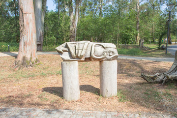 A classic and simple design handmade wooden sign of toilet, rest room in the garden showing direction to WC