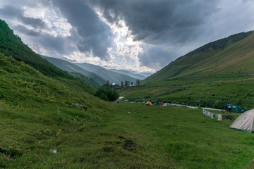 Campground in a mountain gorge near the ancient settlement in Georgia