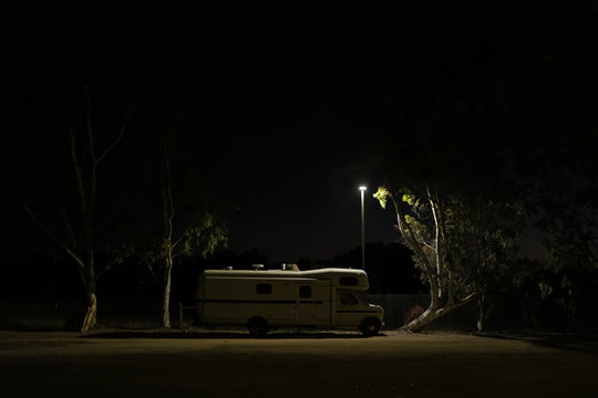 Recreational vehicle at night.