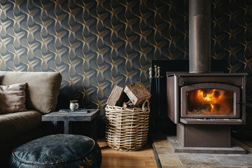 Cosy interior of a log fire and dark wallpaper