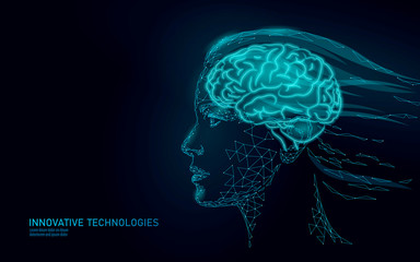 Low poly abstract brain virtual reality concept. Female woman profile mind imagination dream. Modern vector illustration active thinking process. Human extra mental health. Virtual assistant girl AI