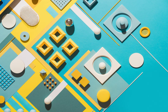 blue/cyan and yellow abstract geometric composition/still life.