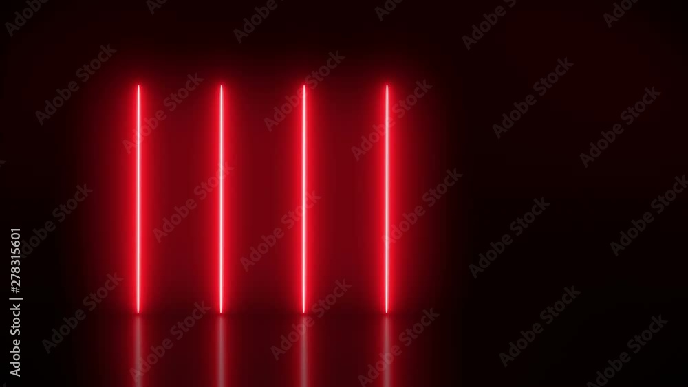 Aufkleber video animation of glowing vertical neon lines in red on reflecting floor. - abstract background - l