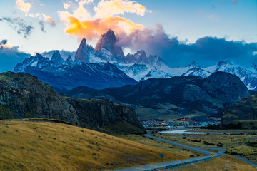 View of the famous Mount Fitz Roy or Cirro Fitz Roy at El Chalten Village