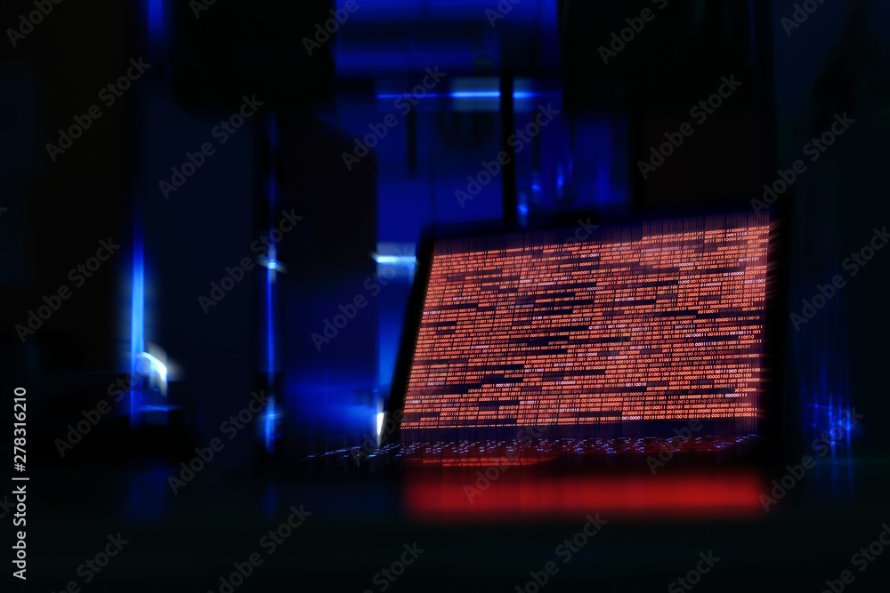 Poster computer laptop in a dark room. computer displaying red code meaning problem, error, hacker or virus