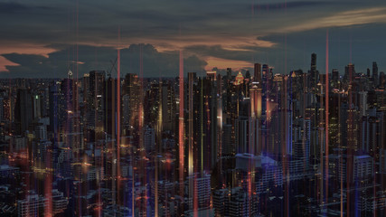 smart city modern metropolis  connected by big data internet of thing communication. Bangkok city Thailand urban skyline and fantasy light hi-light concepts.