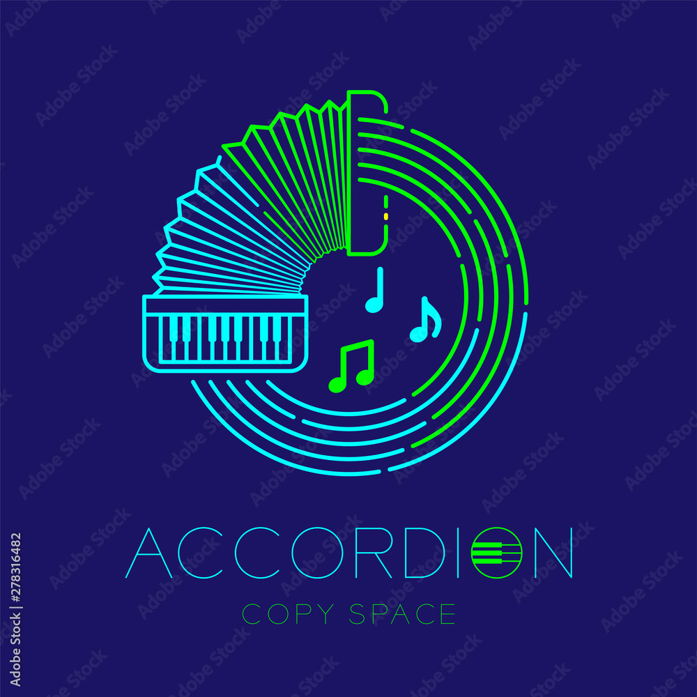 Poster accordion, music note with line staff circle shape logo icon outline stroke set dash line design ill