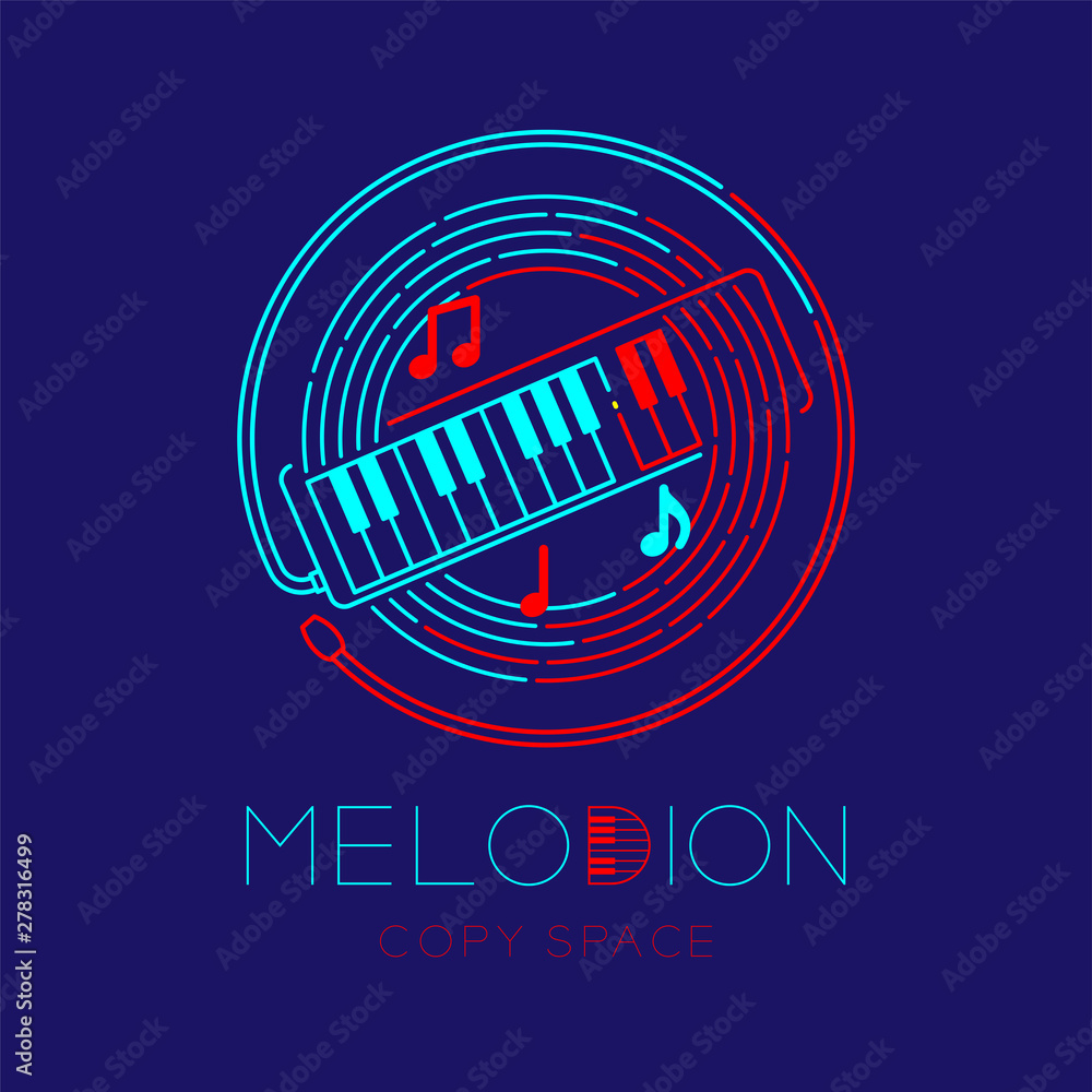 Poster melodion, music note with line staff circle shape logo icon outline stroke set dash line design illu