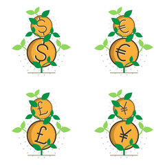Set of growing currency tree symbols. Growth investment concept. Vector illustration outline flat design style.