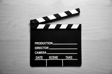 Clapper board,Movie clapper on blue wood backgrond