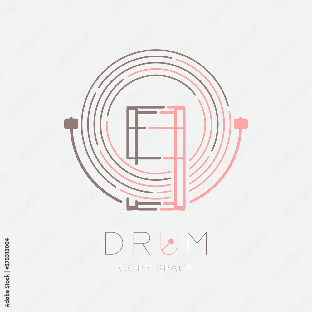 Poster bass drum, drumstick with line staff circle shape logo icon outline stroke set dash line design illu