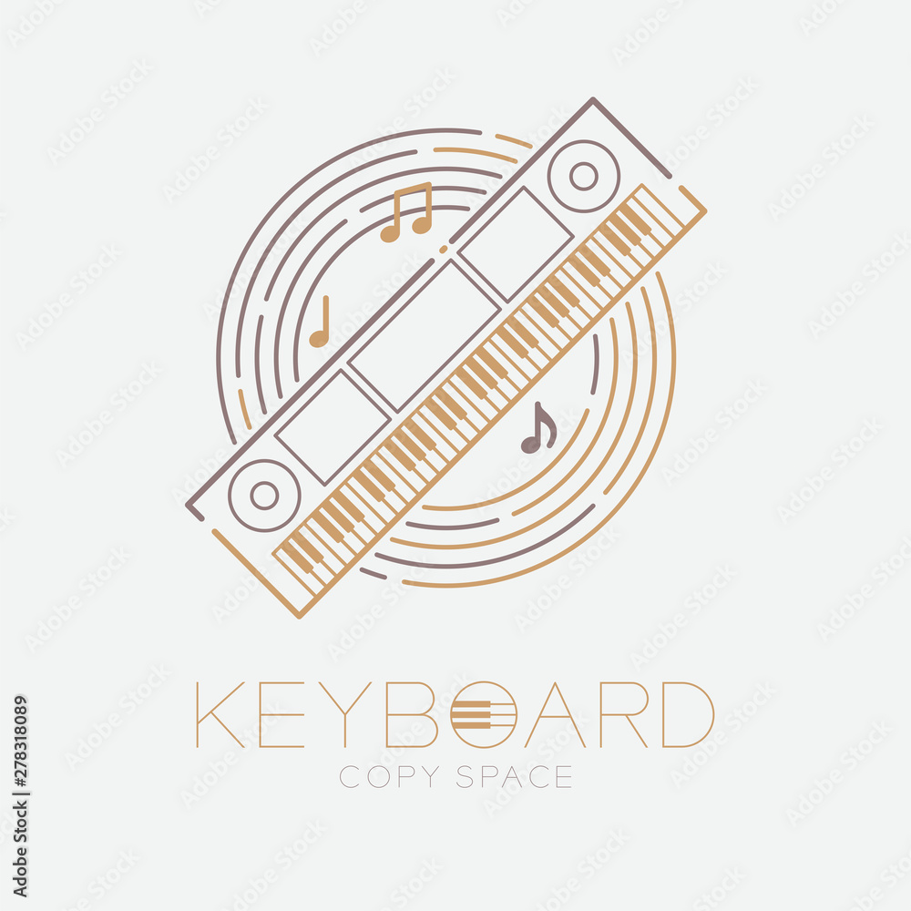 Poster keyboard, music note with line staff circle shape logo icon outline stroke set dash line design illu