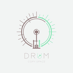Bass drum, pedal with line staff circle shape logo icon outline stroke set dash line design illustration isolated on grey background with drum text and copy space