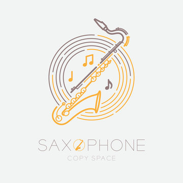 Saxophone, music note with line staff circle shape logo icon outline stroke set dash line design illustration isolated on grey background with saxophone text and copy space