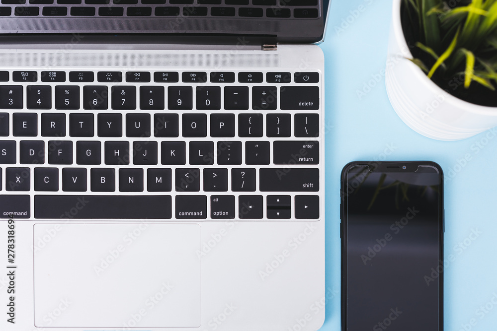 Poster top view of modern technology smart phone mobile and computer laptop on
