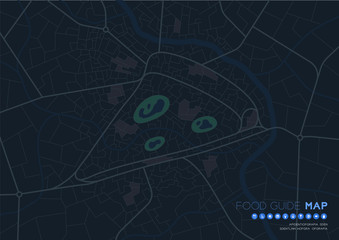 Food guide map travel with icon concept, Road pizza shape design in nighttime mode illustration isolated on grey background with copy space, vector eps 10