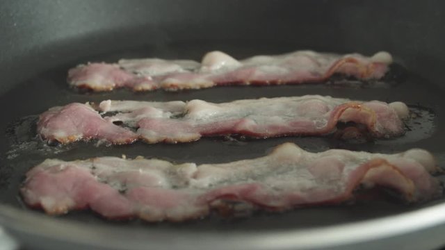 Three raw strips of bacon cooking in frying pan, Slow Motion Close Up