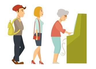 Queue or line to ATM waiting for turn isolated characters