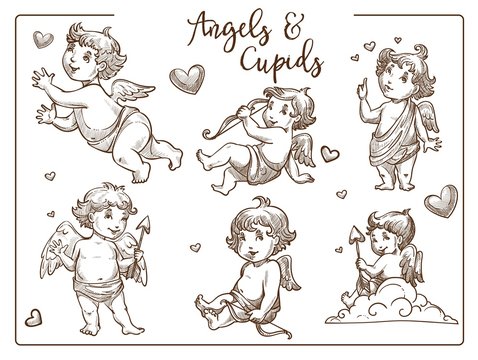 Valentine day cupids and angels with wings and arrows isolated sketches