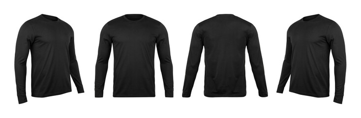 Blank black long sleve t-shirt mock up template, front and back and side view, isolated on white...