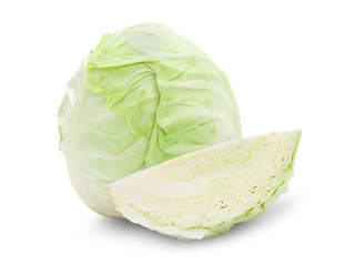 Fototapeta premium Whole green cabbage and slice isolated on white background with clipping path