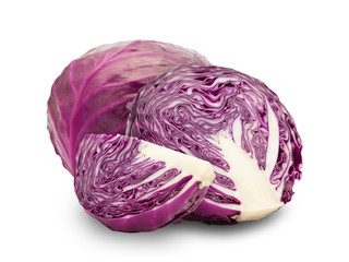 Obraz premium Whole red cabbage and half isolated on white background with clipping path