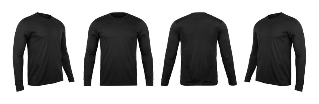 Blank black long sleve t-shirt mock up template, front and back and side view, isolated on white background with clipping path.