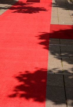 red carpet in the outdoor area in the midday sun, rolled out red carpet by day no people for an evening event