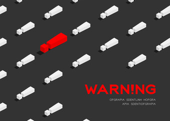 Exclamation mark symbol 3D isometric pattern, Warning concept poster and banner horizontal design illustration isolated on dark grey background with copy space, vector eps 10
