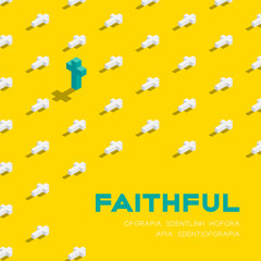 Graveyard with cross 3D isometric pattern, Christian faithful rest in peace (rip) concept poster and banner square design illustration isolated on green background with copy space, vector eps 10