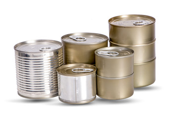 empty tin cans on white background