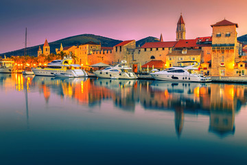 Spectacular dawn colors and Trogir old town, Dalmatia, Croatia