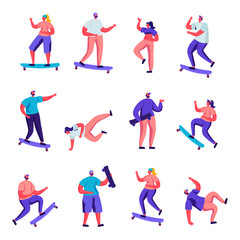 Fototapeta na wymiar Set of Flat Girls and Boys Skateboarding Characters. Cartoon People Teenagers Male and Female Riding Skate Board, Dancing, Jumping, Youth Urban Culture. Vector Illustration.