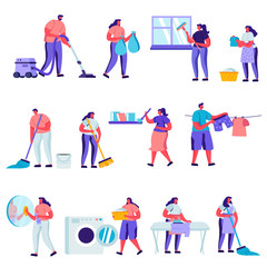 Set of Flat Cleaning and Repair Service Workers Characters. Cartoon People Service of Professional Cleaners at Work Mopping, Vacuuming Floor. Vector Illustration.