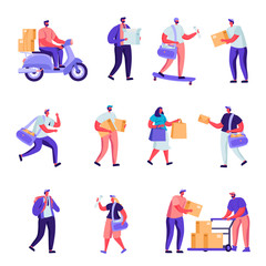 Fototapeta na wymiar Set of Flat Postal Delivery Service Characters. Cartoon People Deliver Parcels, Postcards, Mail Around the World By Land and Air Transport. Vector Illustration.