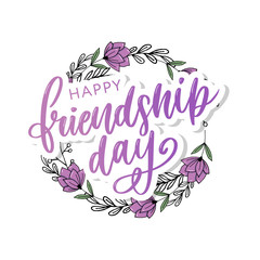 Obraz premium Vector illustration of hand drawn happy friendship day felicitation in fashion style with lettering text sign and color triangle for grunge effect isolated on white background