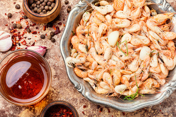 Pile of boiled peeled shrimps
