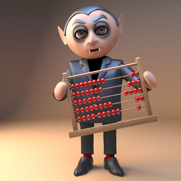 Funny caroon vampire dracula holds an abacus with blood red beads, 3d illustration