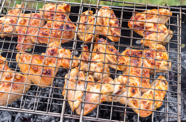 Roasted chicken wings on the charcoal grill stove