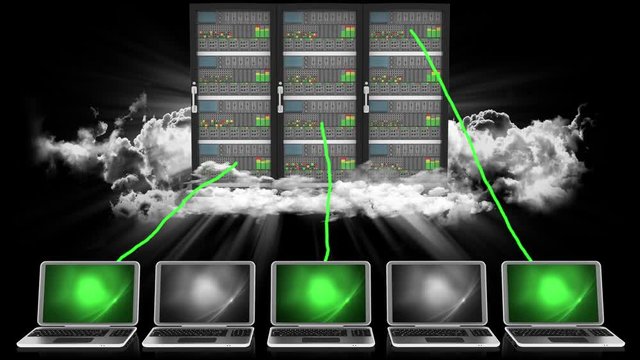 Animazione illustrazione 3D. Server computer dati.. Connessione e archiviazione dati computer, applicazioni..