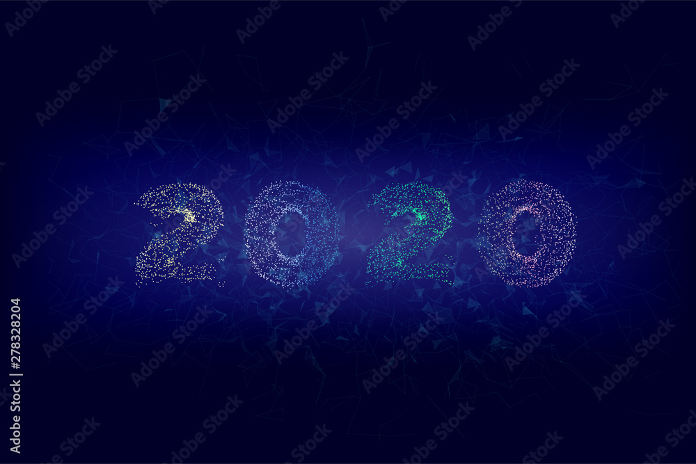 Aufkleber new years 2020 form lines, wireframe, triangles and particle style design. new year illustration mad