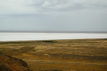Saline,salt lake Baskunchak. Astrakhan region. Russian landscape.