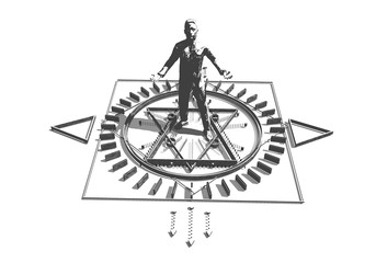 Animated mystery, witchcraft, occult and alchemy sign. Mystical vintage gothic geometry thin lines symbol around the businessman. 3D rendering