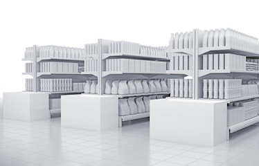 Shelves in the supermarket. Set of shelves with many goods in perspective. 3D rendering