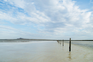 Saline,salt lake Baskunchak. Astrakhan region. Russian landscape.