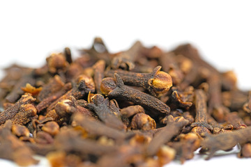 Gewürznelken, Syzygium aromaticum, vor weißem Hintergrund