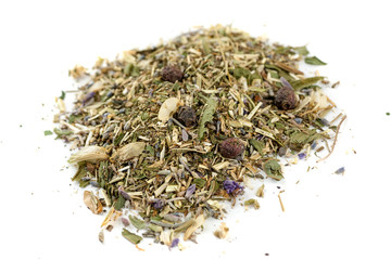 Dry herbal tea mix isolated on white