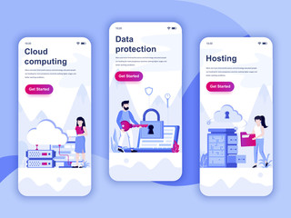 Set of onboarding screens user interface kit for Cloud Computing, Protection, Hosting, mobile app templates concept. Modern UX, UI screen for mobile or responsive web site. Vector illustration.