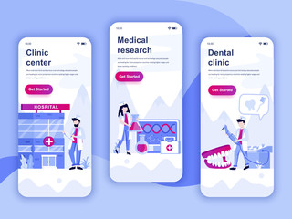 Set of onboarding screens user interface kit for Medicine, Research, Dental Clinic, mobile app templates concept. Modern UX, UI screen for mobile or responsive web site. Vector illustration.